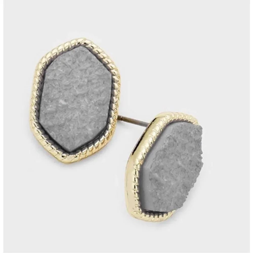 Brand New Womens Genuine Druzy Hexagon Earrings in Slate Gray